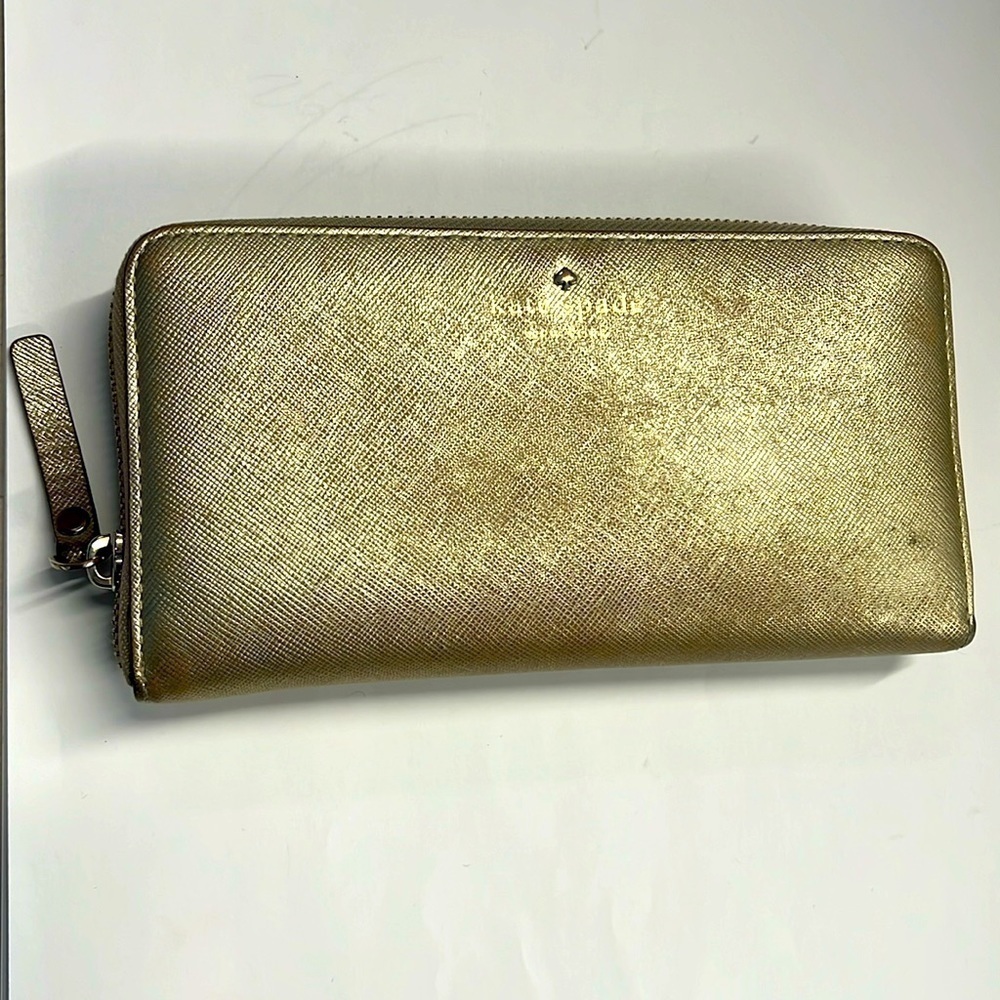 Kate Spade Gold Metallic Leather Zip Around Clutch Wallet
